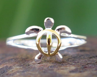 Hawaiian 925 Silver Gold 2 Tone Hawaii Honu Sea Turtle Symbol of Wisdom & Good Luck Open Band Ring  8mm