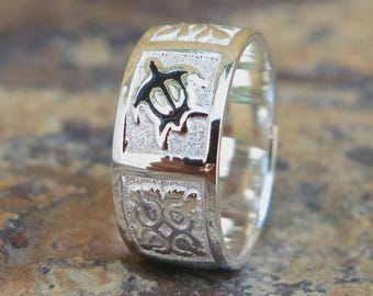 Hawaiian 925 Silver Black Honu Turtle Quilt Wedding Jewelry Ring Band 8mm