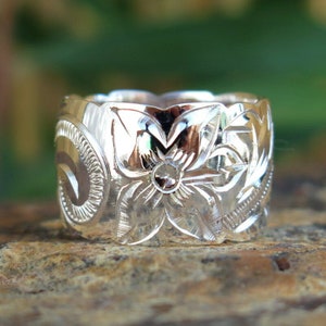 Hawaiian Design Jewelry 925K Sterling Silver Plumeria Flower Scroll Wedding Ring 15mm Band