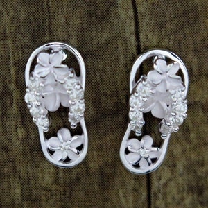 Hawaiian Design Jewelry 925K Sterling Silver Slippers Flip Flops C Zirconia Earrings