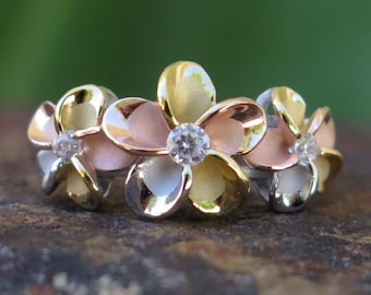 Hawaiian Design Jewelry 925K Sterling Silver Tri-color Gold Plumeria Flower CZ Wedding Ring Band 10mm