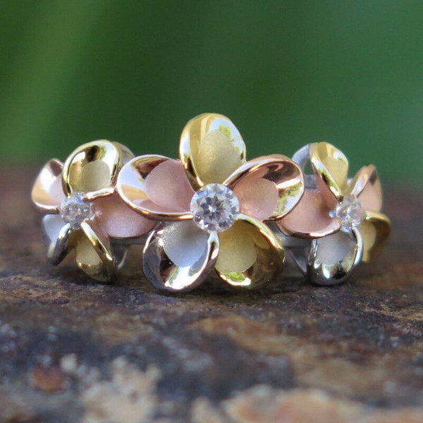Hawaiian Design Jewelry 925K Sterling Silver Tri-color Gold Plumeria Flower CZ Wedding Ring Band 10mm
