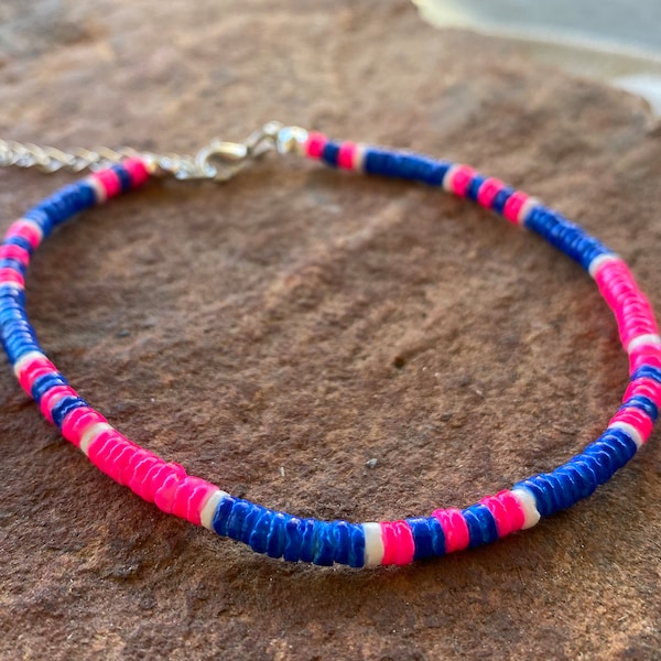 Hawaiian Natural Puka Shell Anklet Adjustable Chain 9.5" Pink Blue White