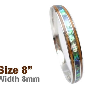 Hawaiian Design Jewelry Abalone Shell Koa Wood Stainless Steel Bangle Bracelet ( 8mm )