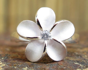 Hawaiian Design Jewelry 925K Sterling Silver Plumeria Flower CZ Wedding Ring Band 15mm