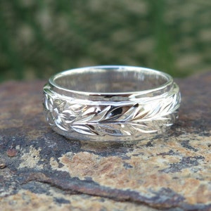 Sterling Silver Maile Leaves Hawaiian Scroll Flower Wedding Ring Band