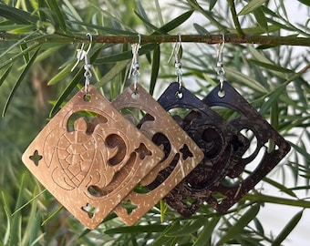 Hawaiian Design Jewelry Wooden Honu Turtle Carved Hoop Dangle Earrings
