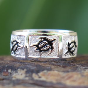 Hawaiian Design 925K Jewelry Sterling Silver Black Honu Sea Turtle Wedding Ring Band 8mm