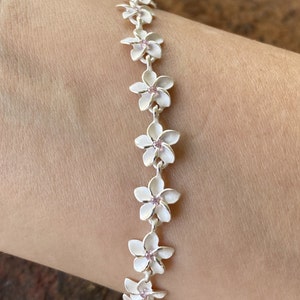 Sterling Silver 8MM Plumeria Flower Pink CZ Stone Bracelet