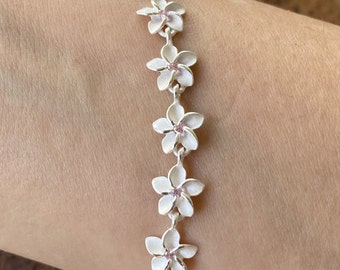 Sterling Silver 8MM Plumeria Flower Pink CZ Stone Bracelet Hawaiian Jewelry