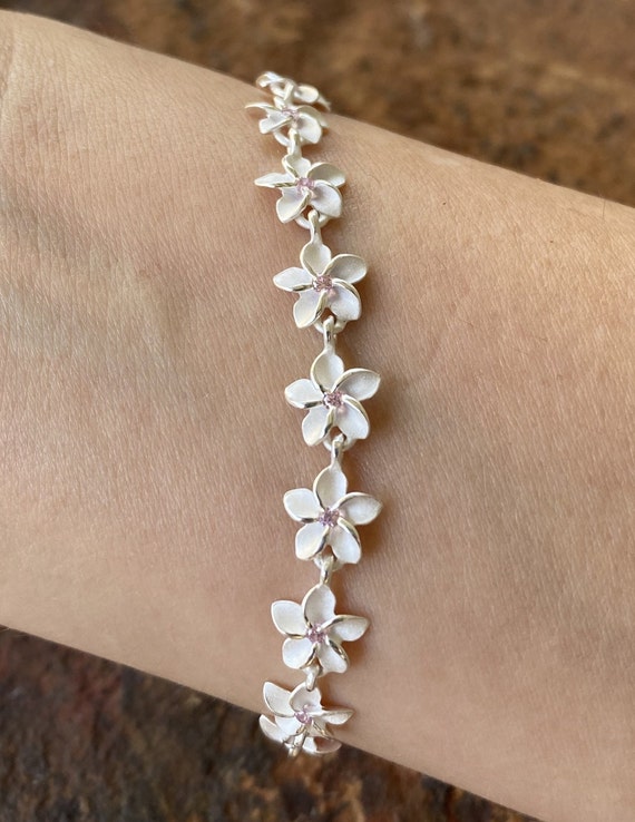 Sterling Silver 8MM Plumeria Flower Pink CZ Stone Bracelet