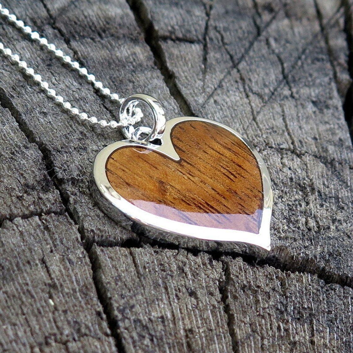 Hawaiian Koa Wood Heart Jewelry Rhodium Plated Brass Pendant Etsy