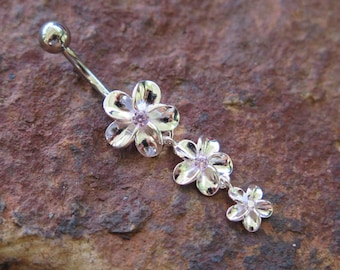 Hawaiian 925K Sterling Silver Jewelry Triple Pink Plumeria Flowers with Cubic Zirconia Belly Navel Ring