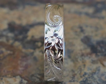 Hawaiian Design Jewelry 925K Sterling Silver Scroll Flower Wedding Ring Flat Thick Band 6mm