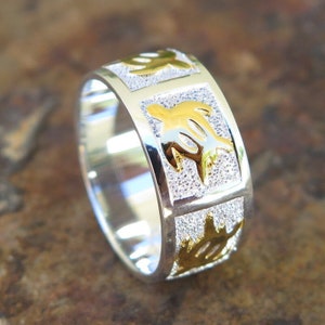 Hawaiian Design 925K Schmuck Sterling Silber Gold Honu Meeresschildkröte Ehering Band 8mm