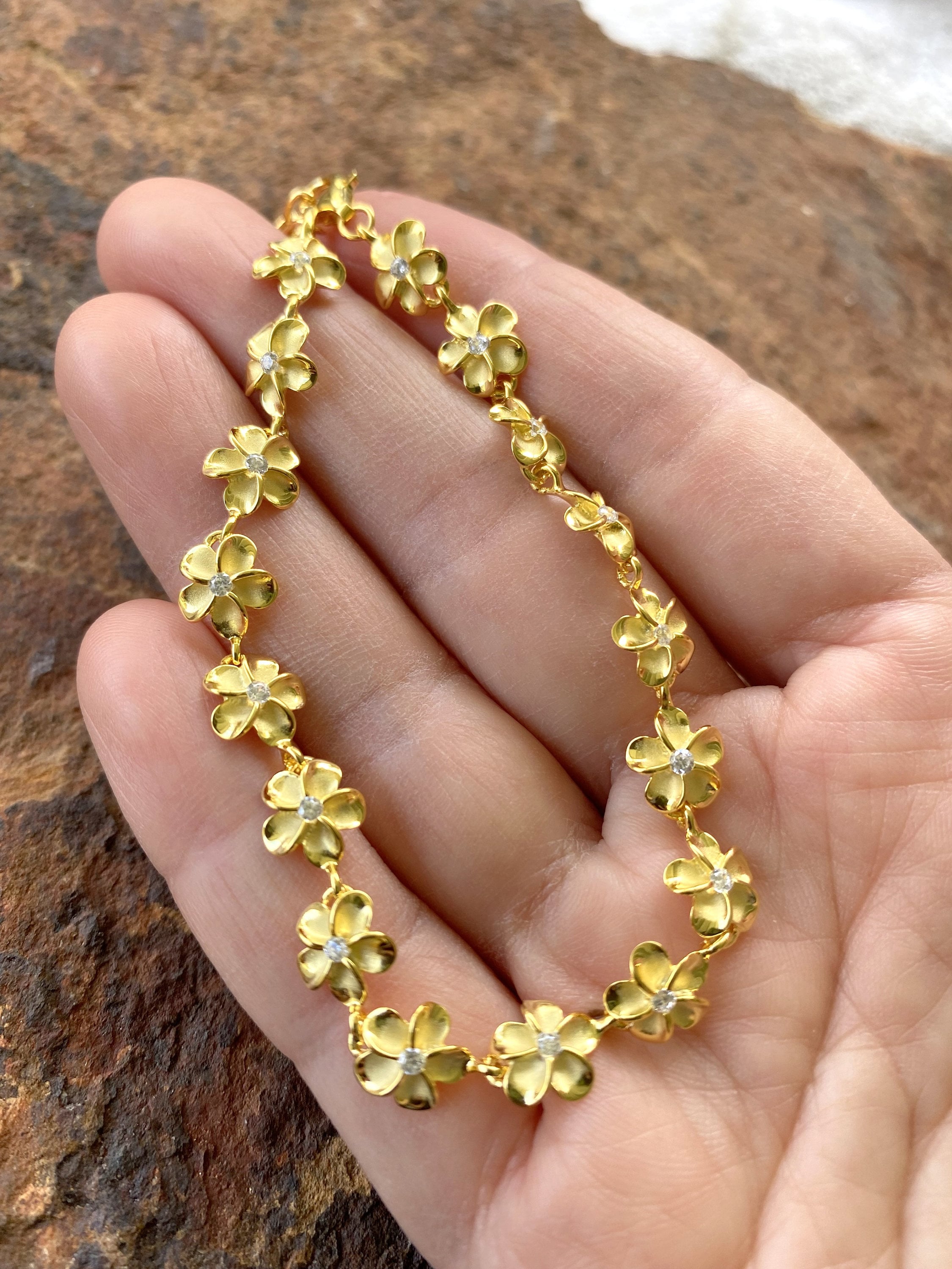 Arthur's Jewelry Sterling Silver Plumeria Flower Bracelet – Yellow & Rose Gold Plated, 8mm Flower, 7" Length With Extension