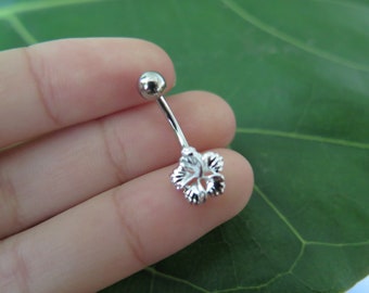 Hawaiian Jewelry 925 Sterling Silver Hibiscus with Clear Center CZ Belly Ring