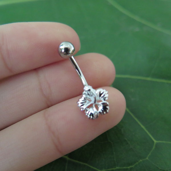 Hawaiian 925K Sterling Silver Hibiscus with Clear Center CZ Belly Ring Jewelry