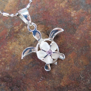 Hawaii 925K Sterling Silver Jewelry Pink CZ Plumeria Turtle Honu Pendant Necklace