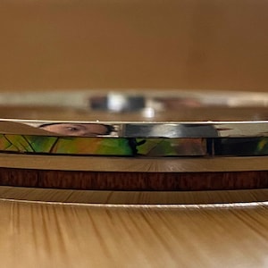 Hawaiian Design Jewelry Abalone Shell Koa Wood Stainless Steel Bangle Bracelet ( 8mm )