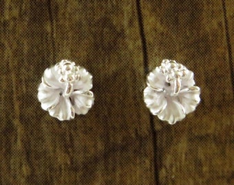 Hawaiian 925 Sterling Silver White Hibiscus Flowers Post Stud Zirconia Earrings