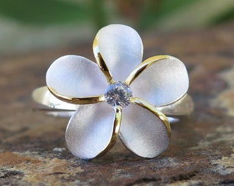 Anillo de bodas de plata de ley con flor hawaiana de plumeria grande y circonita cúbica de 15 mm
