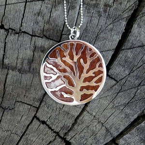 Koa Wood Sterling Silver Hawaiian Coral Tree Jewelry Pendant Necklace