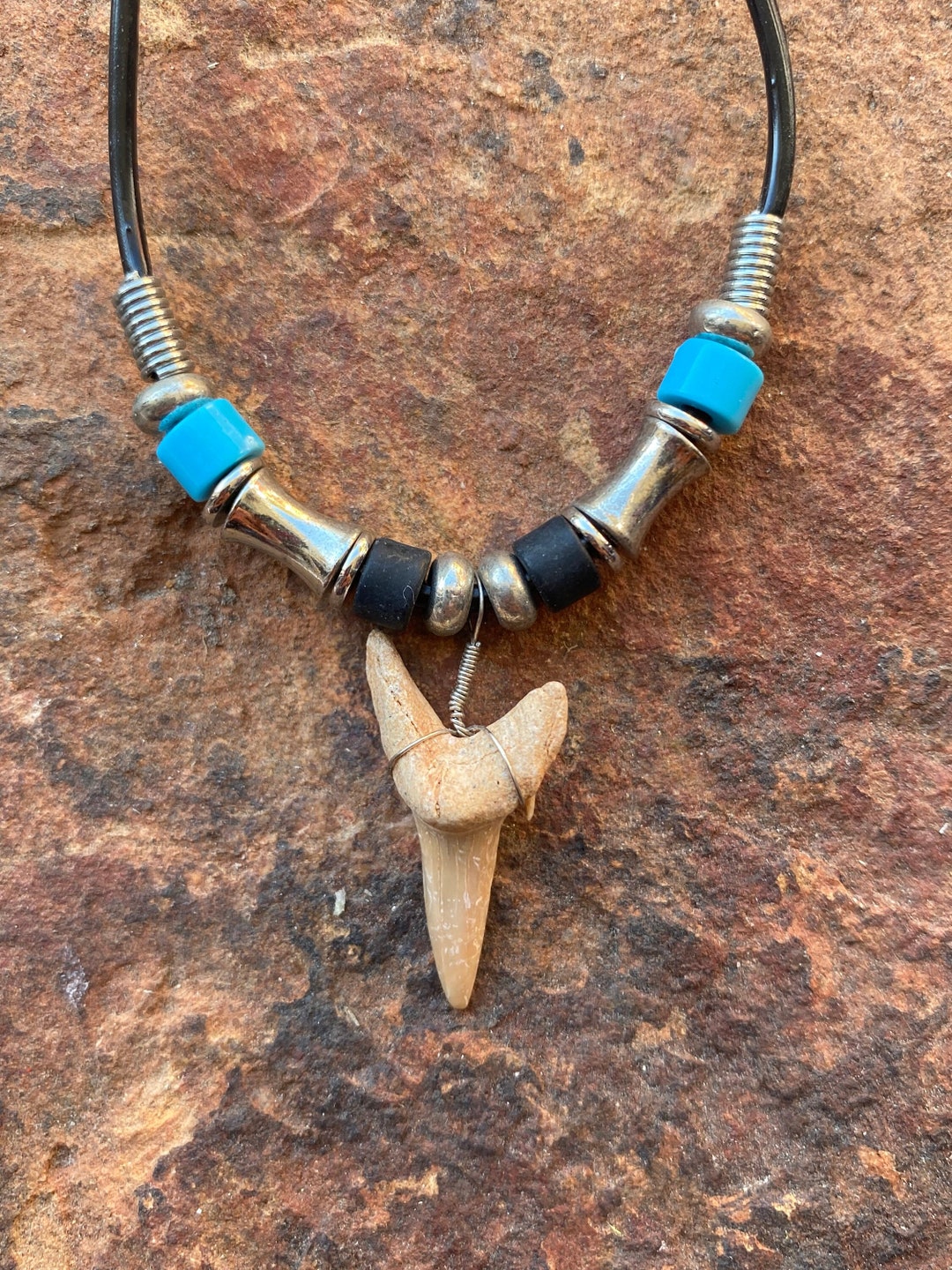 Hawaiian Fossilized Moroccan 7/8 Shark Tooth Pendant Blue Metal Tube