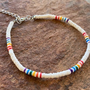 Hawaiian Natural Puka Shell Anklet Adjustable Chain 9.5&quot; Rainbow Colored