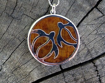 Koa Wood Hawaan Brd Of Paradse Slver Rhodum Plated Brass Pendant