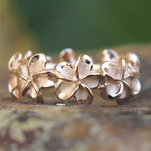 Hawaiianische Design 925K Sterling Silber Rose Gold Plated Plumeria Blume Lei Hochzeit Ring Band