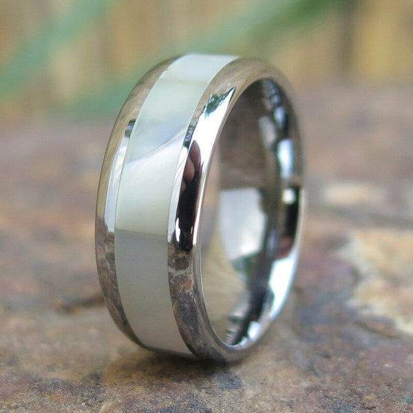 Hawaiian Jewelry Tungsten Mother of Pearl Inlay Engagement Wedding Ring Band 8mm