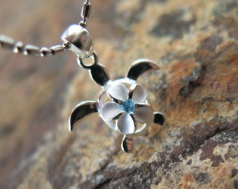 Hawaii 925K Sterling Silver Jewelry Blue CZ Plumeria Turtle Honu Pendant Necklace