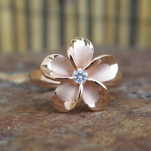 Hawaiian Jewelry 925 Silver Rose Gold Plumeria Flower CZ Wedding Ring Band 15mm