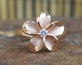 Bijoux de design hawaïen 925K Argent Or Rose Plumeria Fleur CZ Bague de Mariage Band 15mm