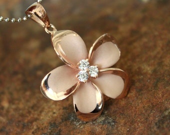 25mm LARGE Rose Gold Plumeria Hawaiian Flower Silver Pendant Necklace