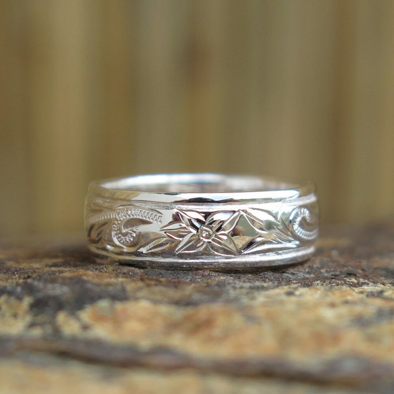 Hawaiian Design Jewelry 925K Sterling Silver Scroll Flower Wedding Ring Band 6mm image 3