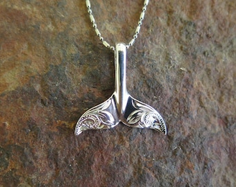 Hawaiian Sterling 925K Silver Whale Tail With Spiral Engrave Scroll Pendant Necklace