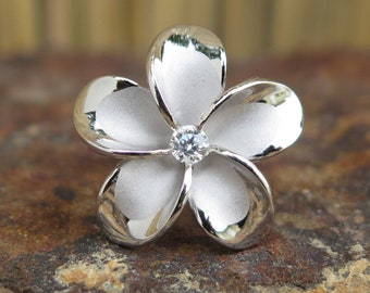 Hawaiian Design Jewelry 925K Sterling Silver 2-Tone Single Plumeria Flower CZ Wedding Ring Band 22mm
