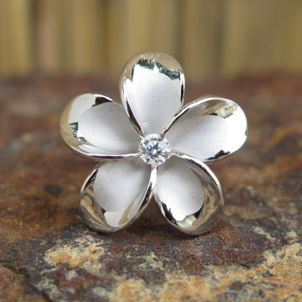 thumbnail interactive-video image 1 of 925 Sterling Silver Hawaiian Plumeria Flower Ring – Tricolor With CZ – Size 15mm 1 of 4