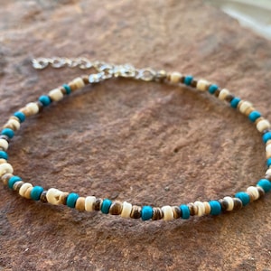 Hawaiian Natural Puka Shell Anklet Adjustable Chain 9.5&quot; Khaki Brown Blue
