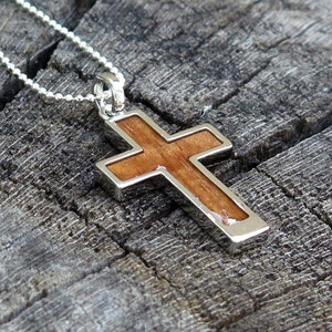 Echtes Hawaiianisches Koa Holz Schmuck Jesus Kreuz Anhänger aus rhodiniertem Messing mit silberfarbener Halskette
