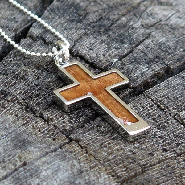 Genuine Hawaiian Koa Wood Jewelry Jesus Cross Rhodium Plated Brass Pendant with Silver-Colored Necklace