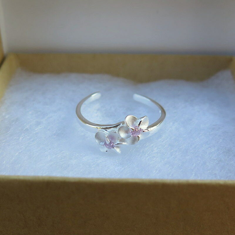 Hawaiian Plumeria Toe Ring - 925 Sterling Silver With Pink CZ Center, 4mm Width, Size Adjustable