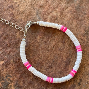 Hawaiian Natural Puka Shell Anklet Adjustable Chain 9.5 White Pink image 2