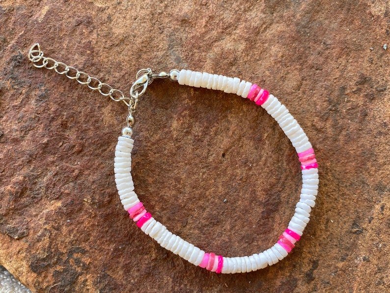 Hawaiian Natural Puka Shell Anklet Adjustable Chain 9.5 White Pink image 2