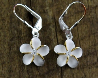 Hawaiian Design 925K Sterling Silver Plumeria Flowers Lever Back 2 Tone Earrings