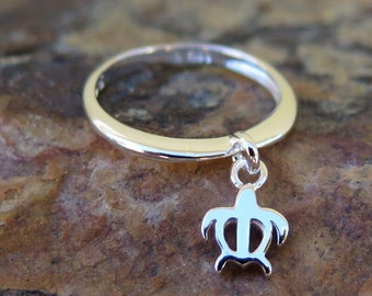 Hawaiian 925 Silver Moving Dangling Petroglyph Honu Sea Turtle Charm Wedding Ring Band 2mm