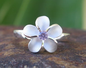 Hawaiian Design 925K Sterling Silver Single Flower Plumeria Pink CZ Wedding Ring Band 12mm