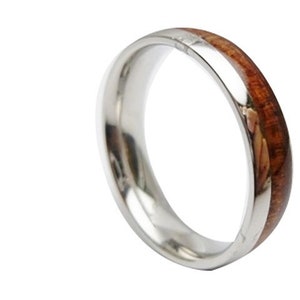Hawaiian Design Jewelry Stainless Steel With Dark Koa Wood Inlay Wedding Band 6mm